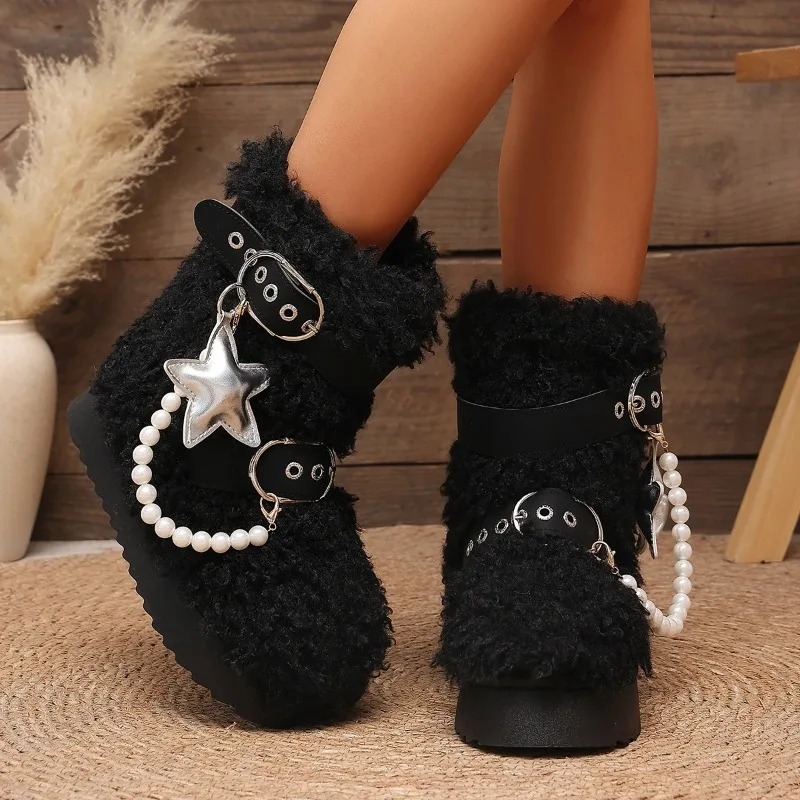 Belt Buckle Pearl Chain Platform Fleece Warm Snow Boots Winter New Round Toe Shoes