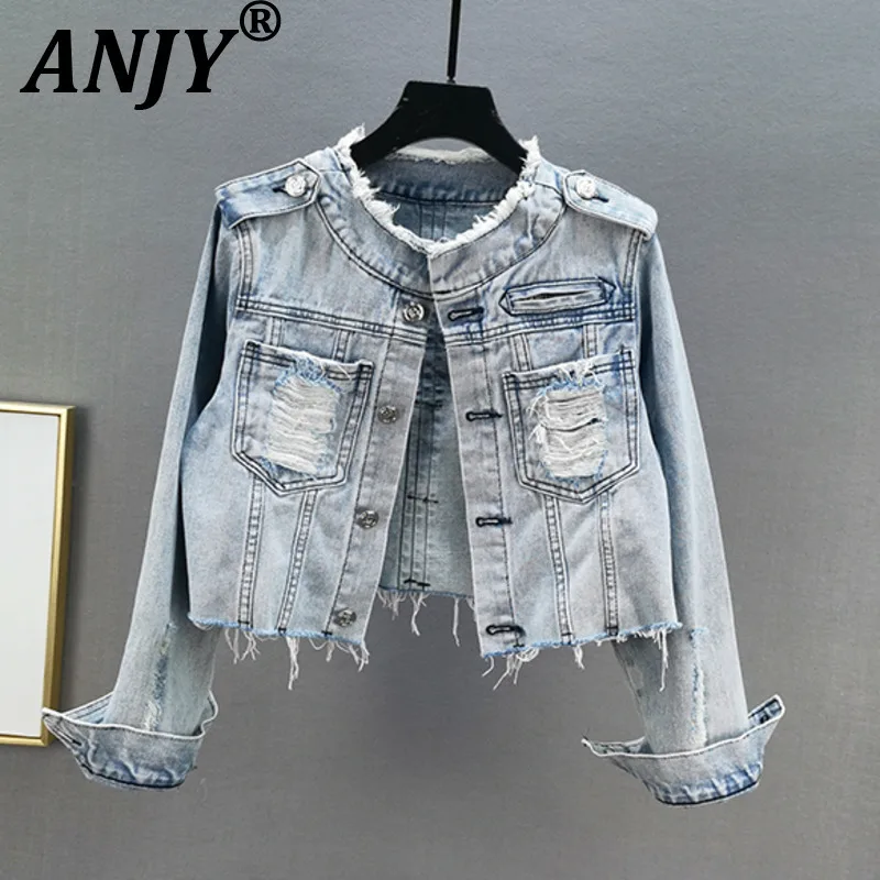 

ANJY Autumn New Women Chic Tide Streetwear Denim Jacket Vintage Distressed Stylish Frayed Edge Single Breasted Short Coats A8542