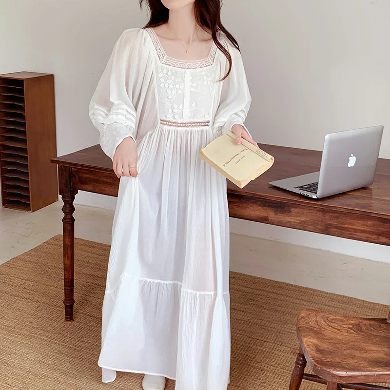 Fairy White Long Night Dress Spring Autumn Robe Cotton Nightdress Princess Sleepwear Nightwear Vintage Square Collar Nightgown