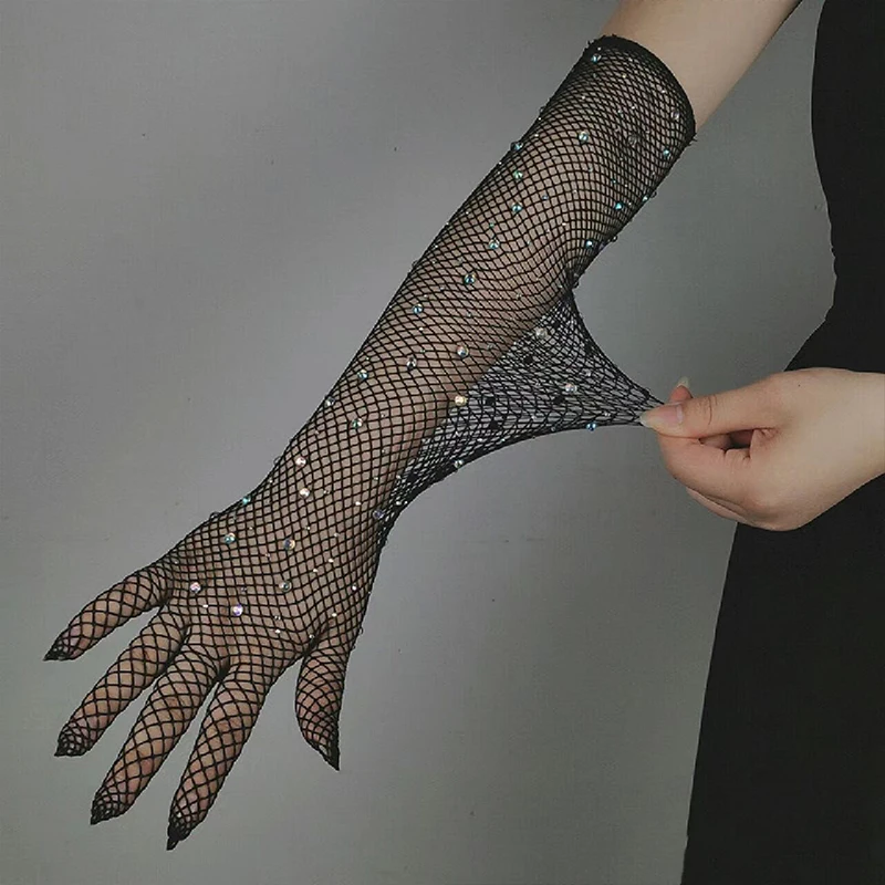 Guantes de malla elásticos con diamantes de imitación para mujer, manoplas largas finas de dedo completo, manga de brazo, red de pesca, ropa de fiesta, Club de música, Sexy