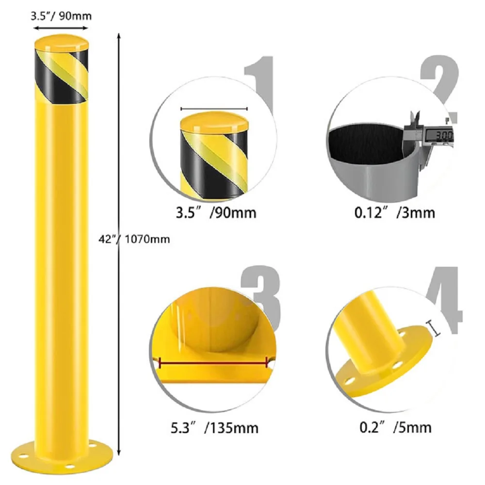 Safety Bollard Post, 42 Inch Height Steel Bollards, 3.5 Inch Diameter Parking Bollard for Traffic Sensitive Areas, 3PCS