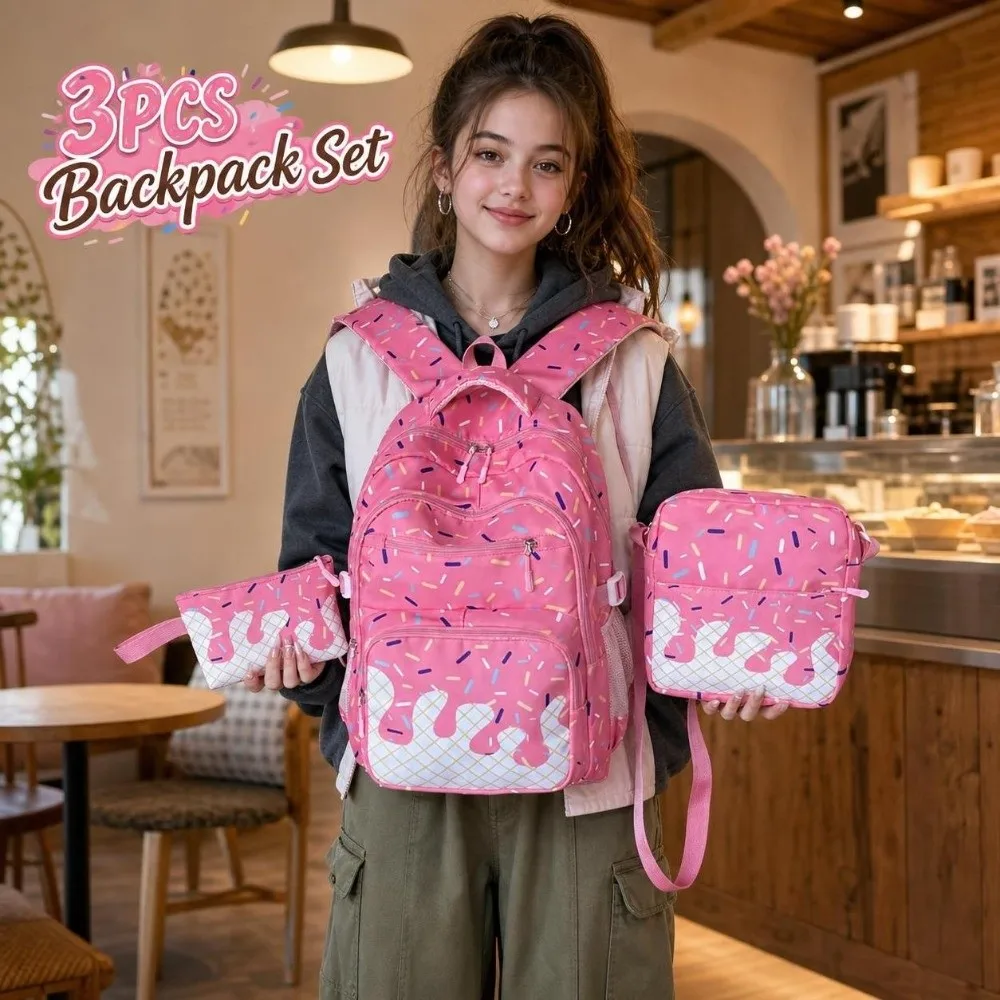 3PCS Stylish Ice Cream Print Backpack Set Waterproof Lightweight School Backpack Durable Spacious Printed Schoolbag Campus