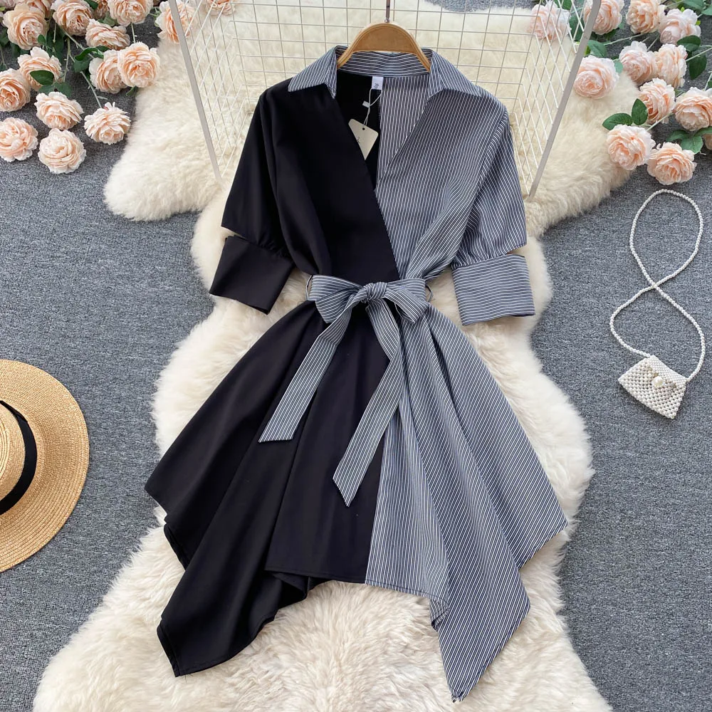 

Новая женская весенне-летняя асимметричная платье-трапеция с поясом, цветными блоками, завышенной талией, стройнящее, элегантное, для офиса