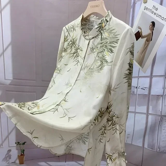 

Print Shirts For Women Chinese Style Stand Neck Long Sleeve Temperament Tops Vintage Summer Oversized Blouses Camisas De Mujer