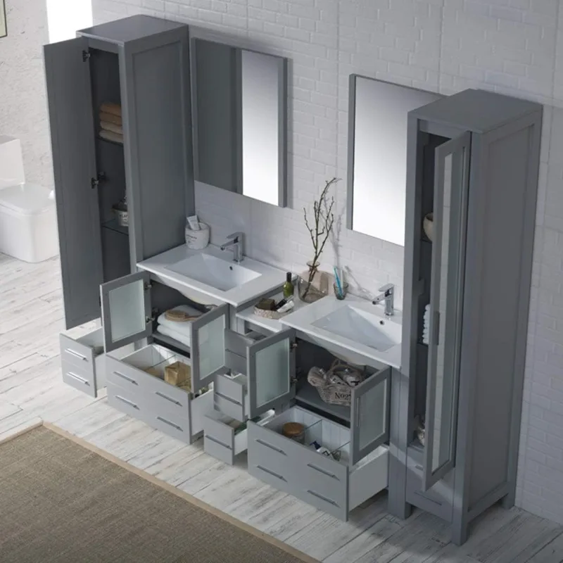 casa.102-In. Vanity da bagno doppio in legno massello con lavandini in ceramica, armadietto laterale e armadio in lino con doppio specchio |   Freestandi