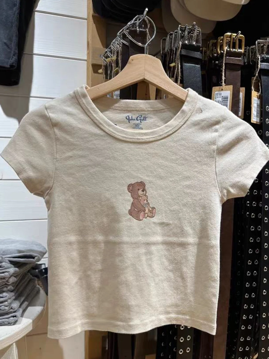 

Bear Cartoon Print Slim T-shirts Women Summer Streetwear Round Neck Short Sleeve T Shirt Fashion Vintage Chic Y2k Crop Top 2023