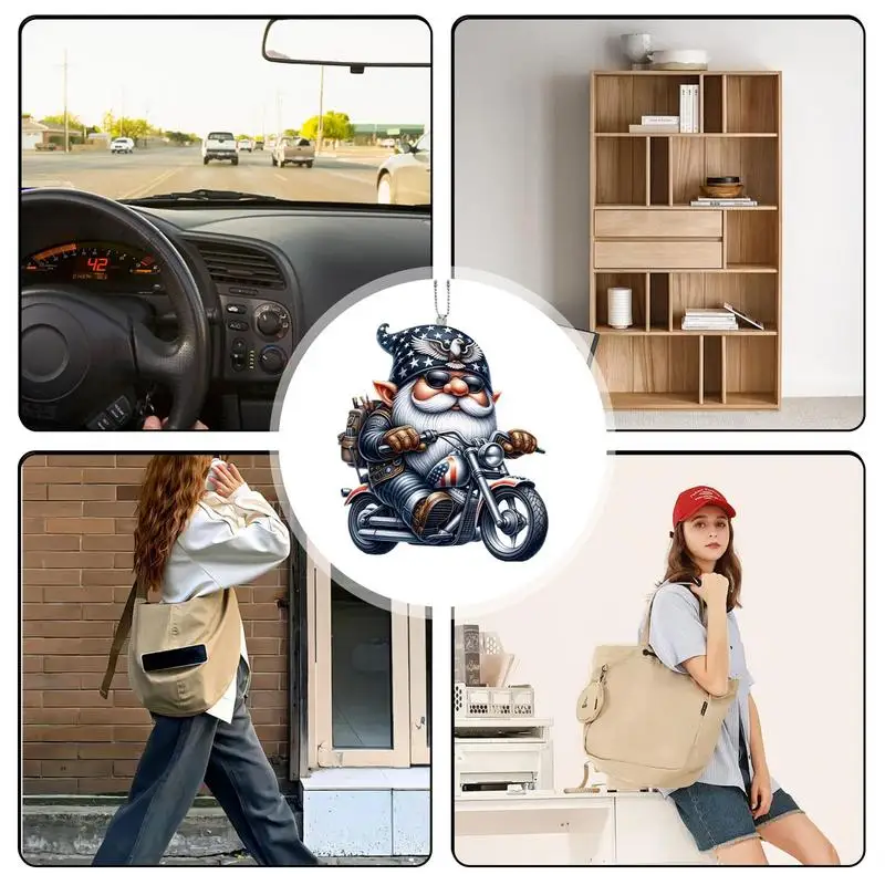 Rear View Mirror Decoration Acrylic Motorcycle Gnome Charm Hanger Rearview Decoration Gnome Riding Motorcycle Figure For SUV RV