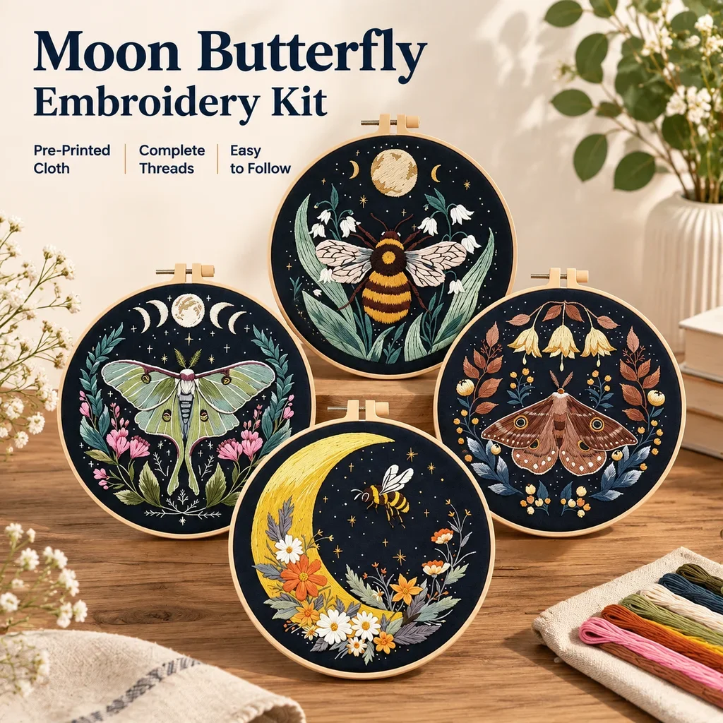 New Moon Butterfly Embroidery Kit with EN Instruction Thread Stamped Cloth with Pattern for DIY Art Craft
