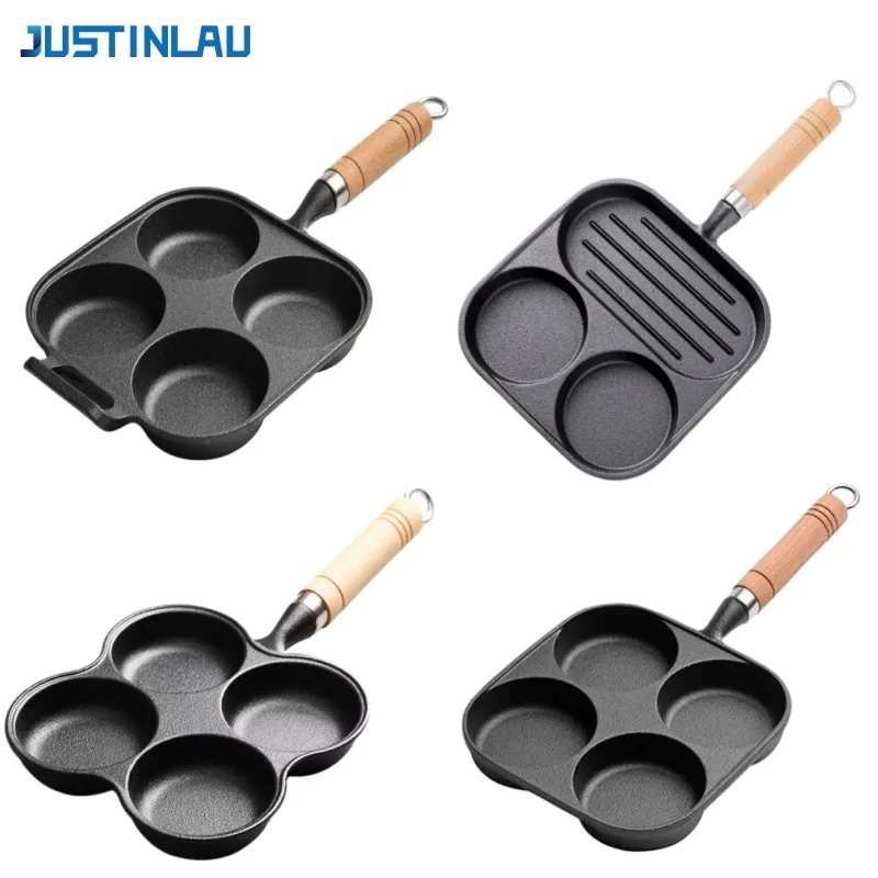 JUSTINLAU 3/4 Grid Cast Iron Frying Pan Eggs Burger Skillet Non-stick Flat-bottom Pot Breakfast Bread/Steak Pan Kitchen Cookware