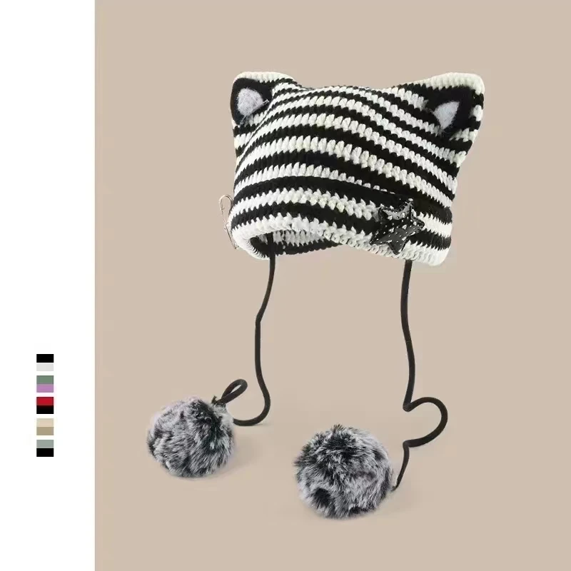 Handmade Y2k Japanese Cat Ear Beanies Rabbit Hair Pom-pom Striped Sweetheart Girl Knit Cap Autumn and Winter Warm Women's Hats b