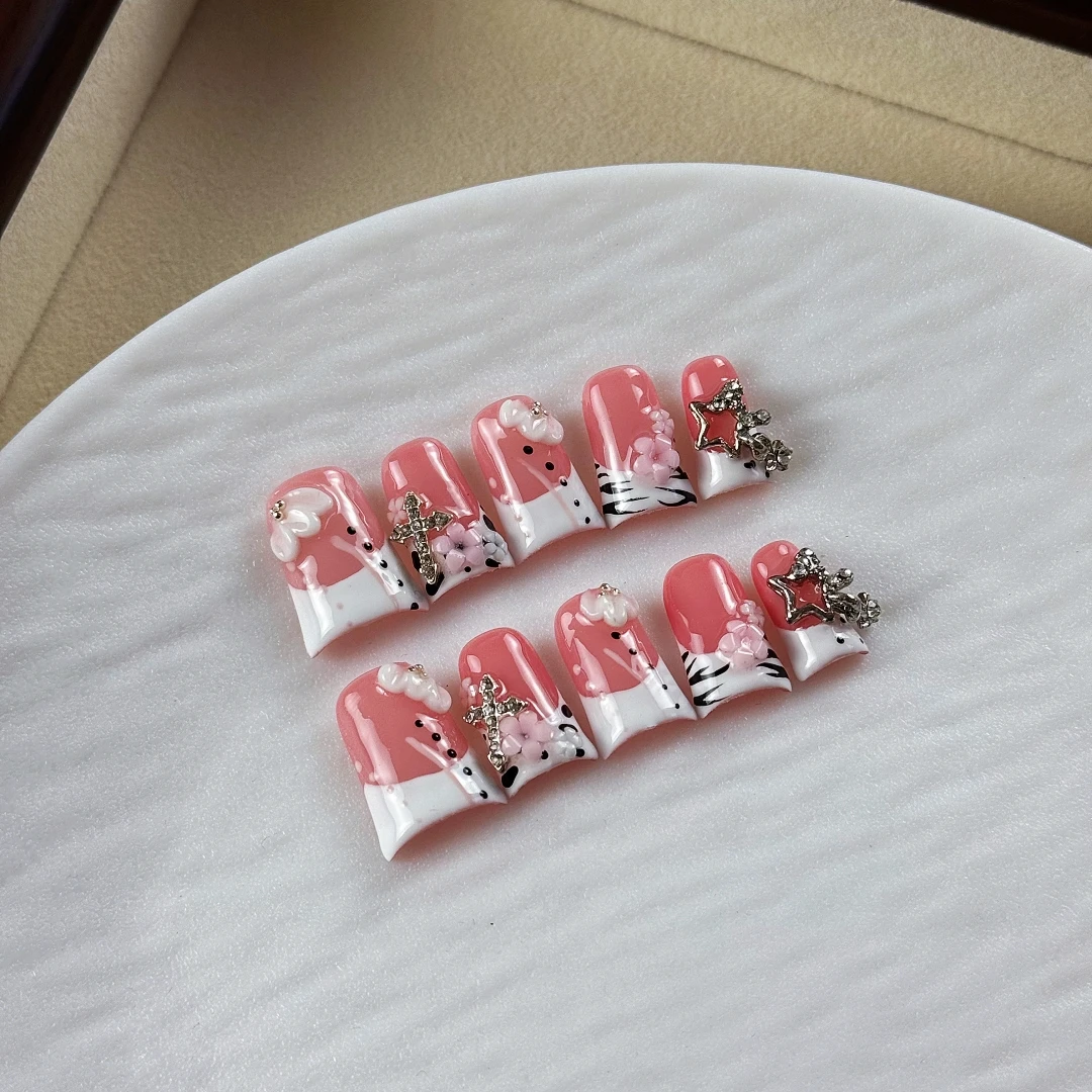 10pcs High-end Sweet and cool girl style, hand-painted zebra pattern, embossing, dazzling sparkly diamonds handmade fake nails