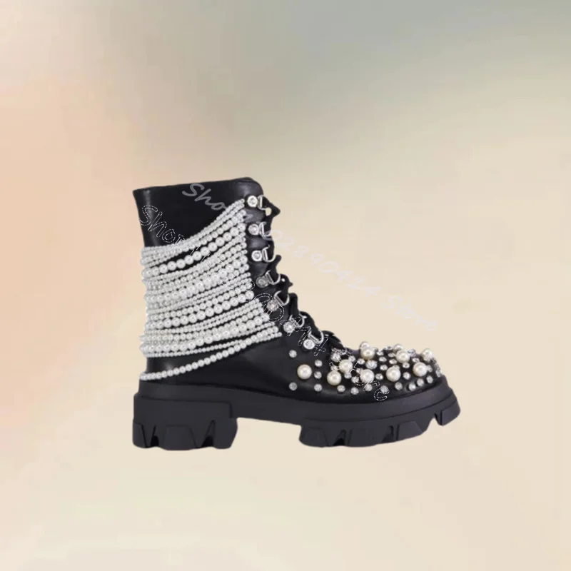 Pearl Chain Decor Black Round Toe High Top Boots Cross Tied Women Shoes Chunky Heels Sexy Party Banquet 2024 Zapatos Para Mujere