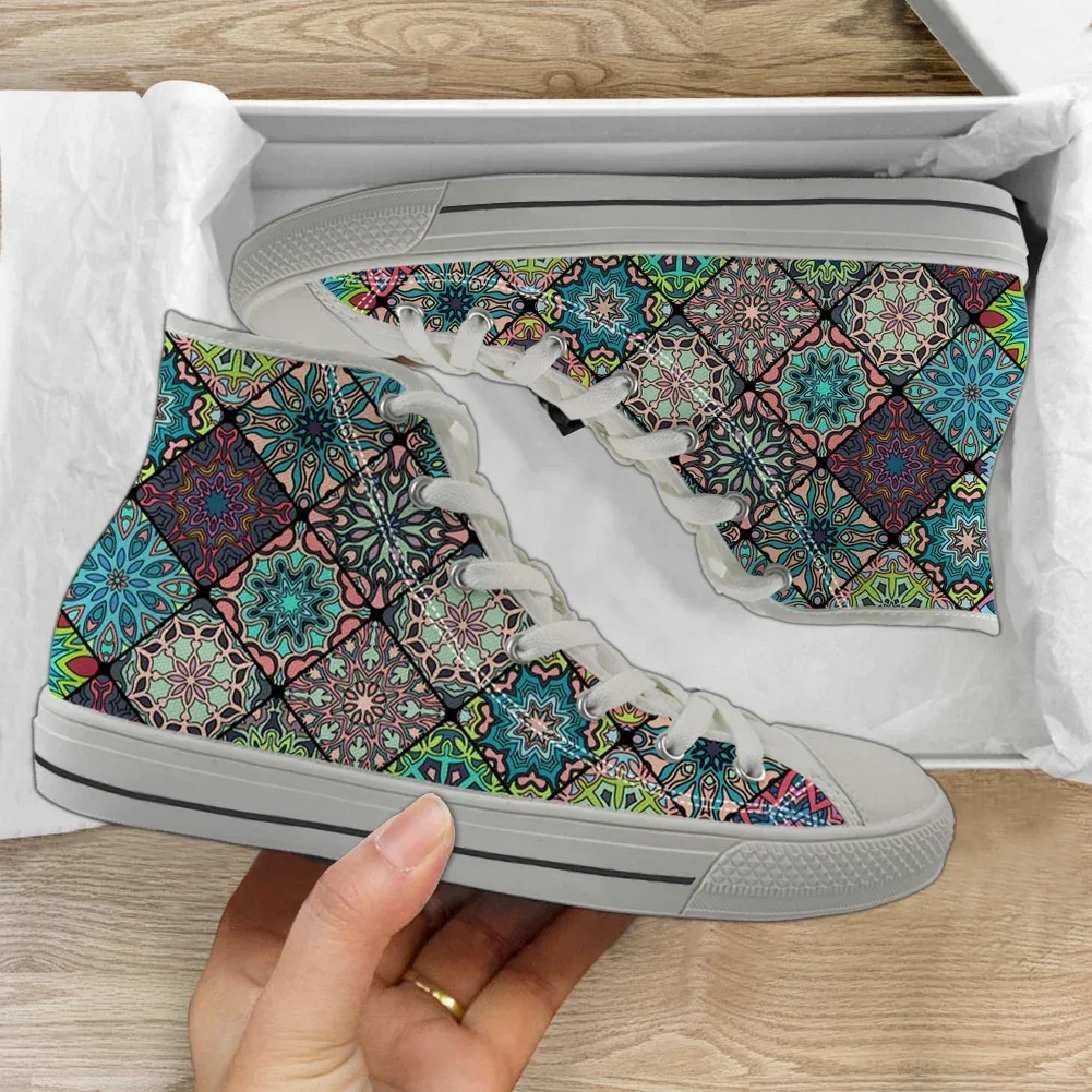 Brand High Top Canvas Shoe Bohemia Mandala Print Women Breathable Sneakers For Teen Boys Lace Up Flats