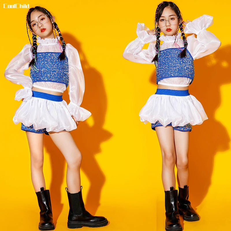 Hip Hop Girl Party Sequin Crop Top Patchwork Shorts Kids pantskirt Puff Sleeve Princess Clothes Set Child Culottes Stage Costume