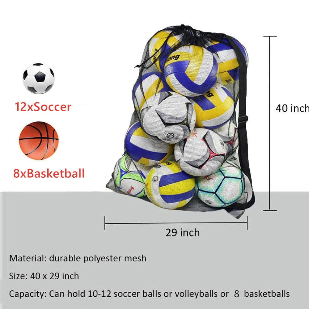 Volleyball Bag Sports Ball Net Bag, Drawstring Large Capacity Mesh Bag Shoulder Strap Outdoor Basketball Soccer Storage Bag Pack