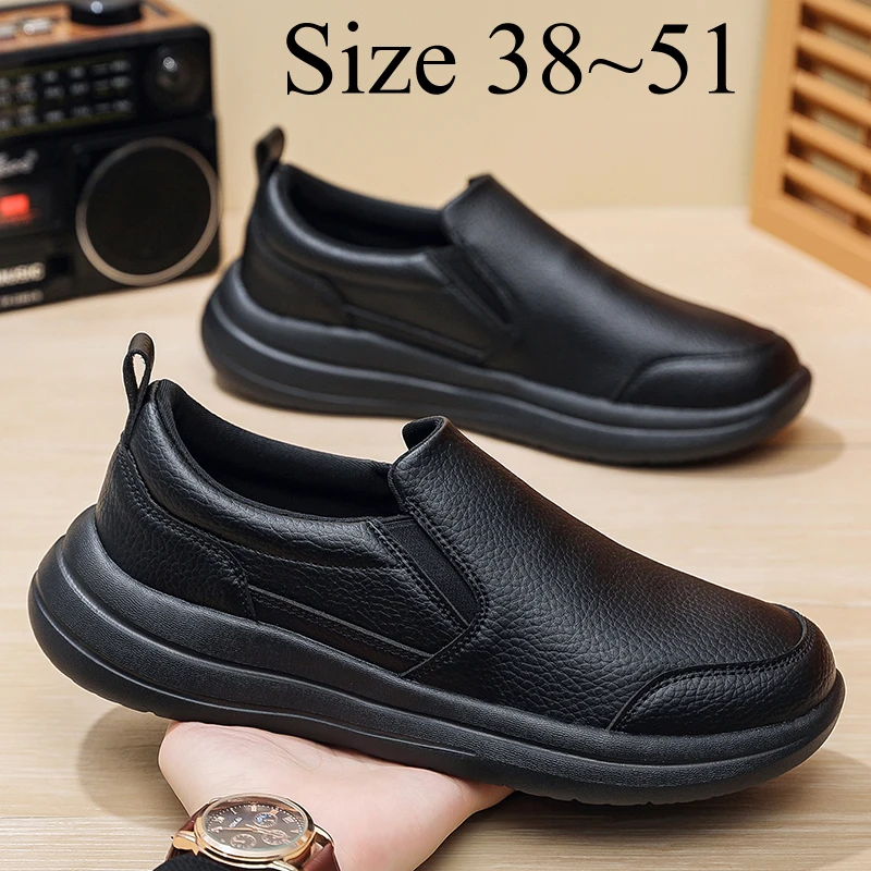 

Men's Slip On Leather Sneakers Comfort Casual Sports Shoes Walking Waterproof Black Athletic Shoes Plus Big Size 48 49 50