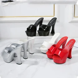 Nightclub Sexy Dress Slippers 14cm High Heels 4cm Platform Extreme Pencil Heels Slides Mules Lady Patent Leather Summer Shoes