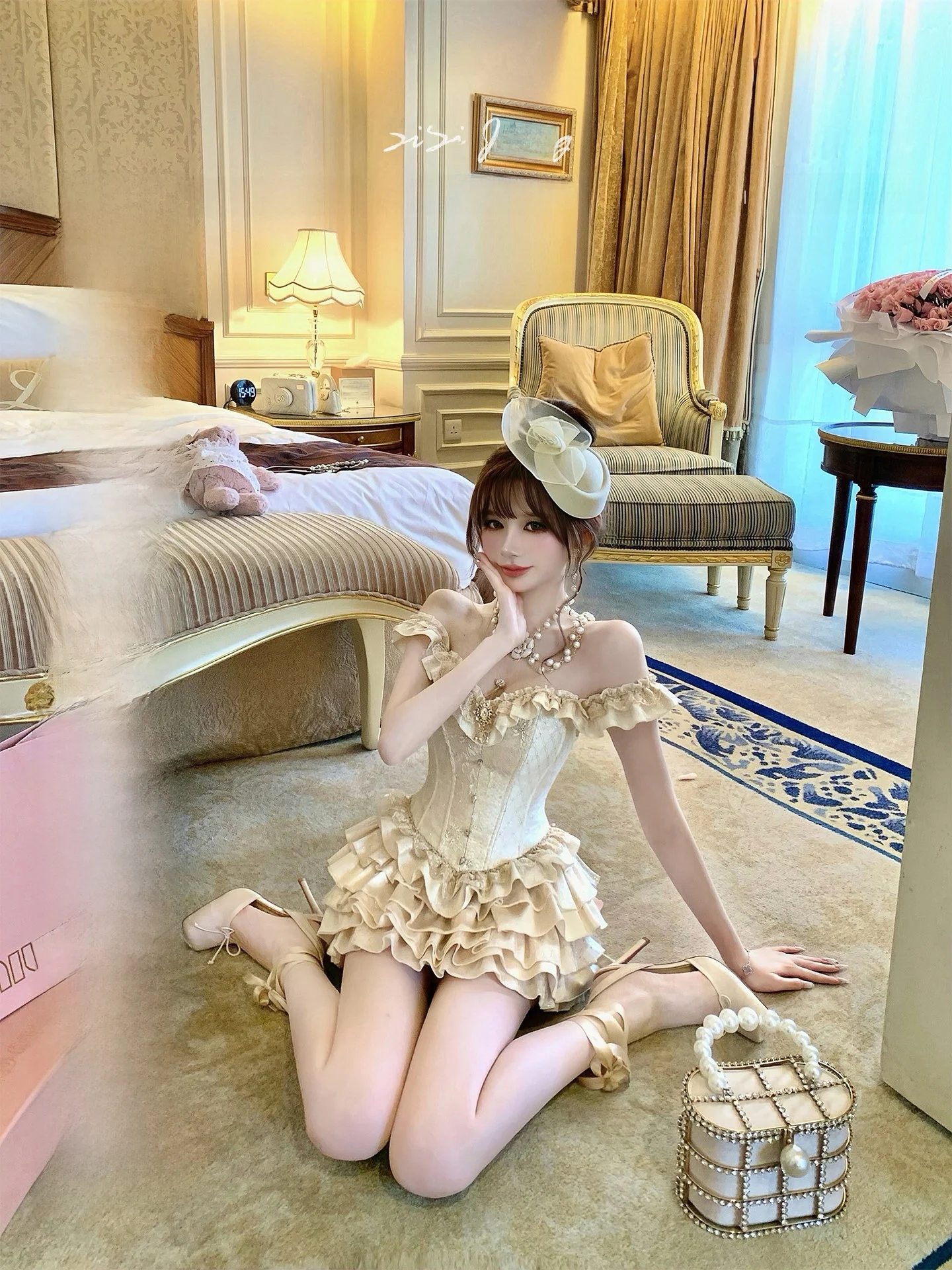 

Ele Sisi Jiang 'Ballet Gold' Lace Fibone Brtte with Pleated f Skirt Set Summer Faion Adult Women's Outfit