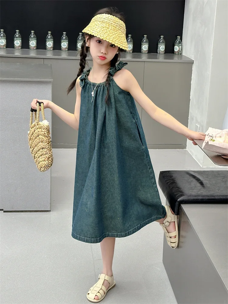 New Summer Girls Denim Dresses Holiday Suspender Thin Jeans Dresses For Girl Teenage Kids Sundress Fashion Clothing 2024