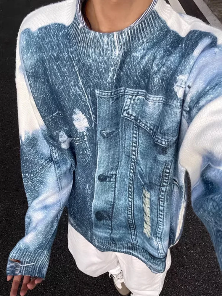 

Loose Fit Men's Knitted Sweater Casual Sle Denim Print Oversized Hoodie Autumn Winter Faion Comfortable Knitwear Coat