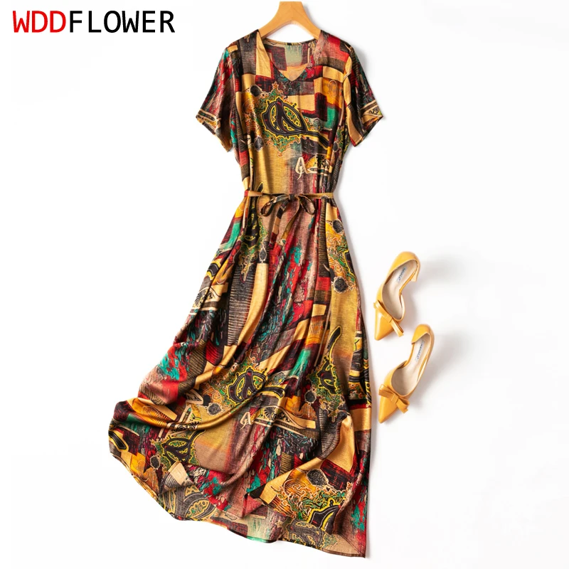

Women Silk Dress 92% Mulberry Silk 8% Spandex 20 momme Jacquard Silk V neck short sleeve belted waist Colorful Long Dress M1165