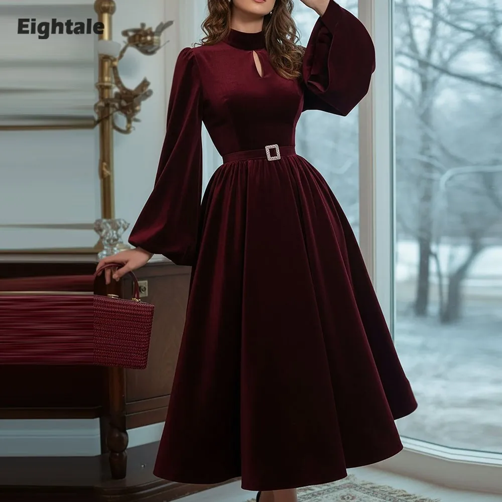 

Eightale бархатное вечернее платье для свадебной вечеринки по индивидуальному заказу с круглым вырезом бордового цвета трапециевидной формы с длинными рукавами арабские платья для выпускного вечера Robes De Soirée