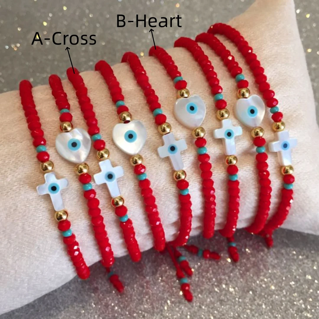 Vlen Turkish Evil Eye Cross Bracelet Red Color Crystal Beads Heart Bracelets for Women Stretchy Pulseras Ojo Turco Jewelry