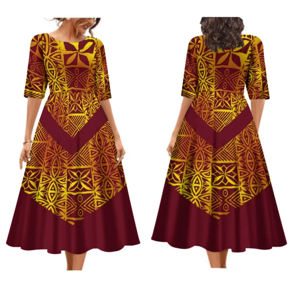 New Tapa Melanesia Pacific Island Design Plus Size Dresses Women Lady Elegant Pleated Swing Fit And Flare Maxi Dress Custom