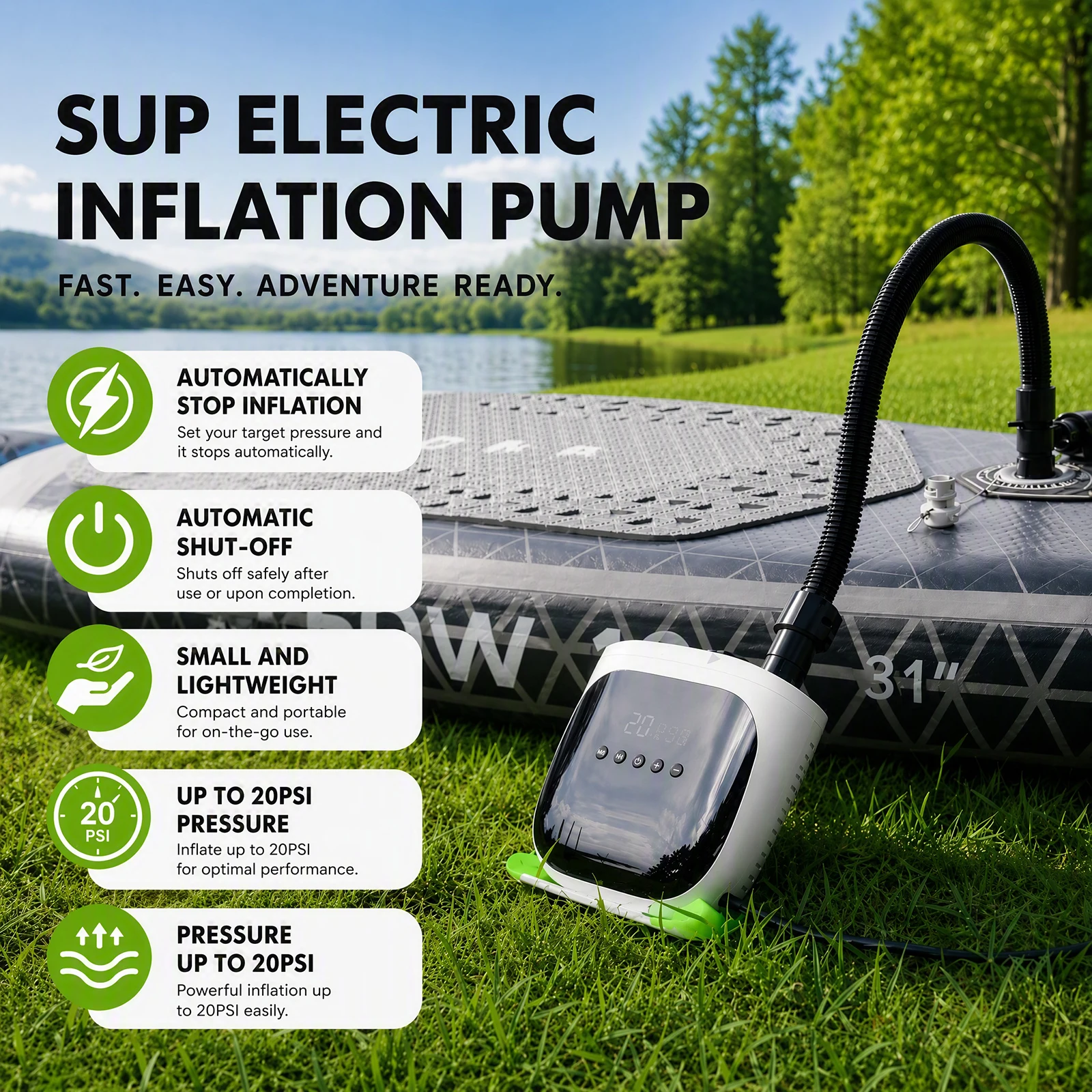 Electric Air Pump 20PSI Paddle Board Pump with 6 Nozzles Inflator Pump Auto-Off for Inflatable Paddle Boards Boats Mattress