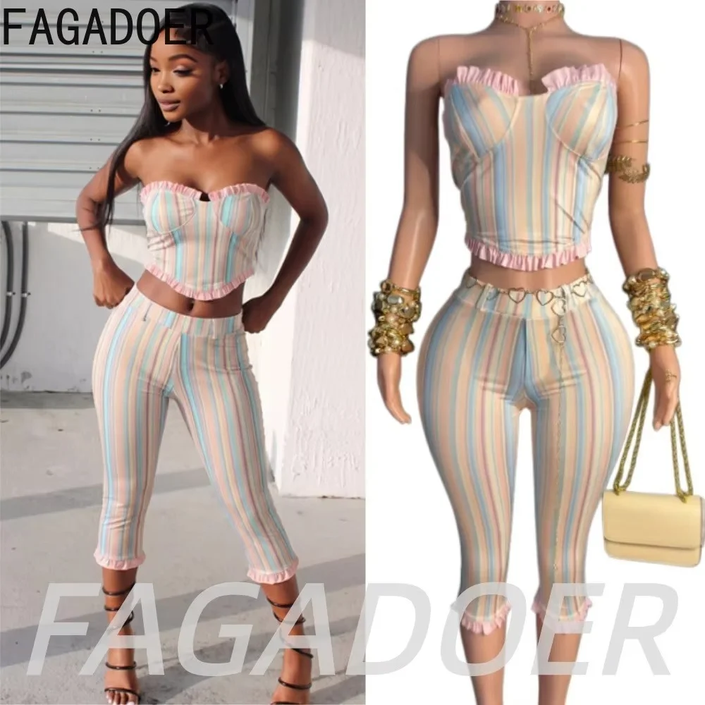 FAGADOER Fashion Pastel Striped Print Shorts 2 Piece Sets 2026 Cute Ruffle Patchwork Crop Top Bodycon Shorts Outfits Streetwear
