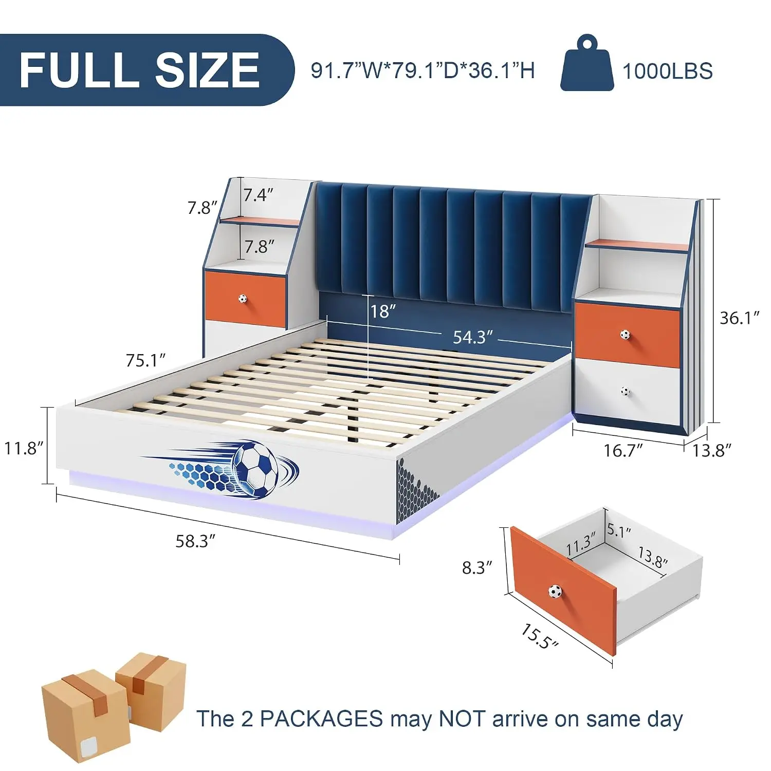 Full Size Floating Bed With Velvet Headboard, LED Lights, 2 Nightstands, Wood Slat, No Box Spring, White/Blue, Customized