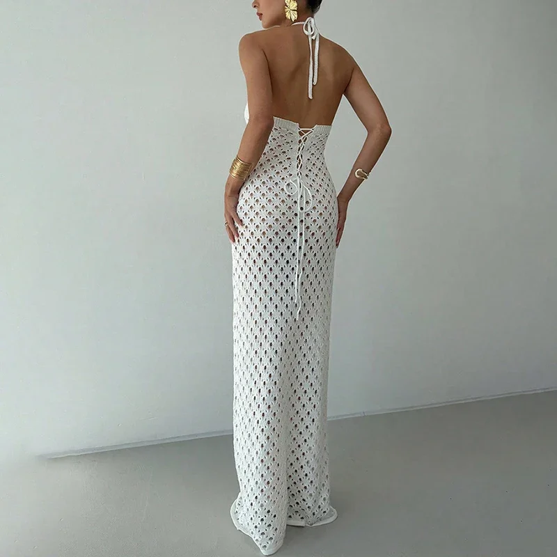 ชุดคลุมบิกินี่แบบสบายๆ สำหรับผู้หญิง ชุดเดรสเซ็กซี่ซีทรูเปิดหลัง ชุดเดรสสำหรับวันหยุดพักผ่อน แฟชั่นฤดูร้อน ชุดเดรสชายหาดถักแบบโปร่ง