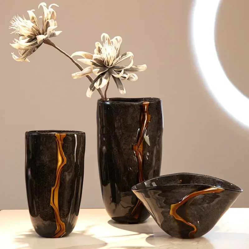 Black Glass Vase Crack Water Ripple Flower Pot Floral Arrangement Accessories Flowerpot Terrarium Living Room Home Decoration