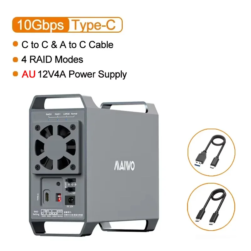 MAIWO 3,5-inch Disk Array harde schijfbox, Dual Bay RAID Array Box, SATA naar USB 3.0 schijf externe box, vier RAID-modi met ventilator