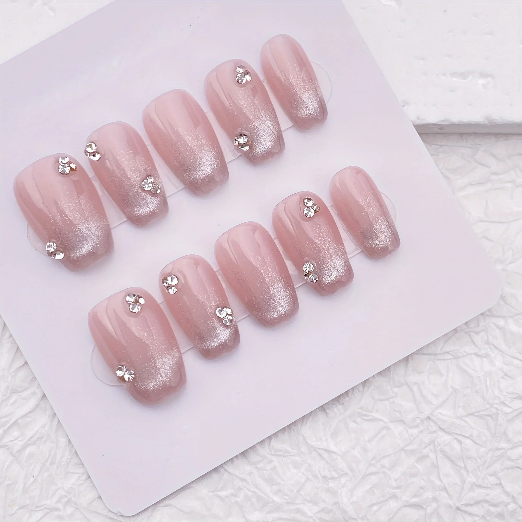 10pcs Handmade Press On Nails,Cat Eye Light Pink Glossy Short Press on Nails/Rhinestones Glitter Short Nila/Handmade Faux Trendy