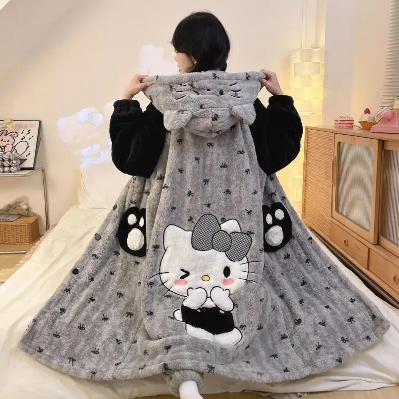 

Аниме Sanrioed коралловый флисовая одежда для сна Hello Kittys, женские длинные пижамы с капюшоном, осенне-зимний халат с героями мультфильмов, теплый комплект домашней одежды