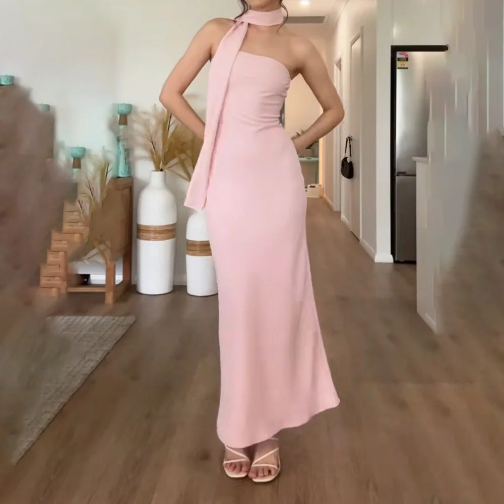 

Elegant Pink Women Prom Gown Sleeveless Solid Color Long Evening Dresses High Quality Banquet Custom