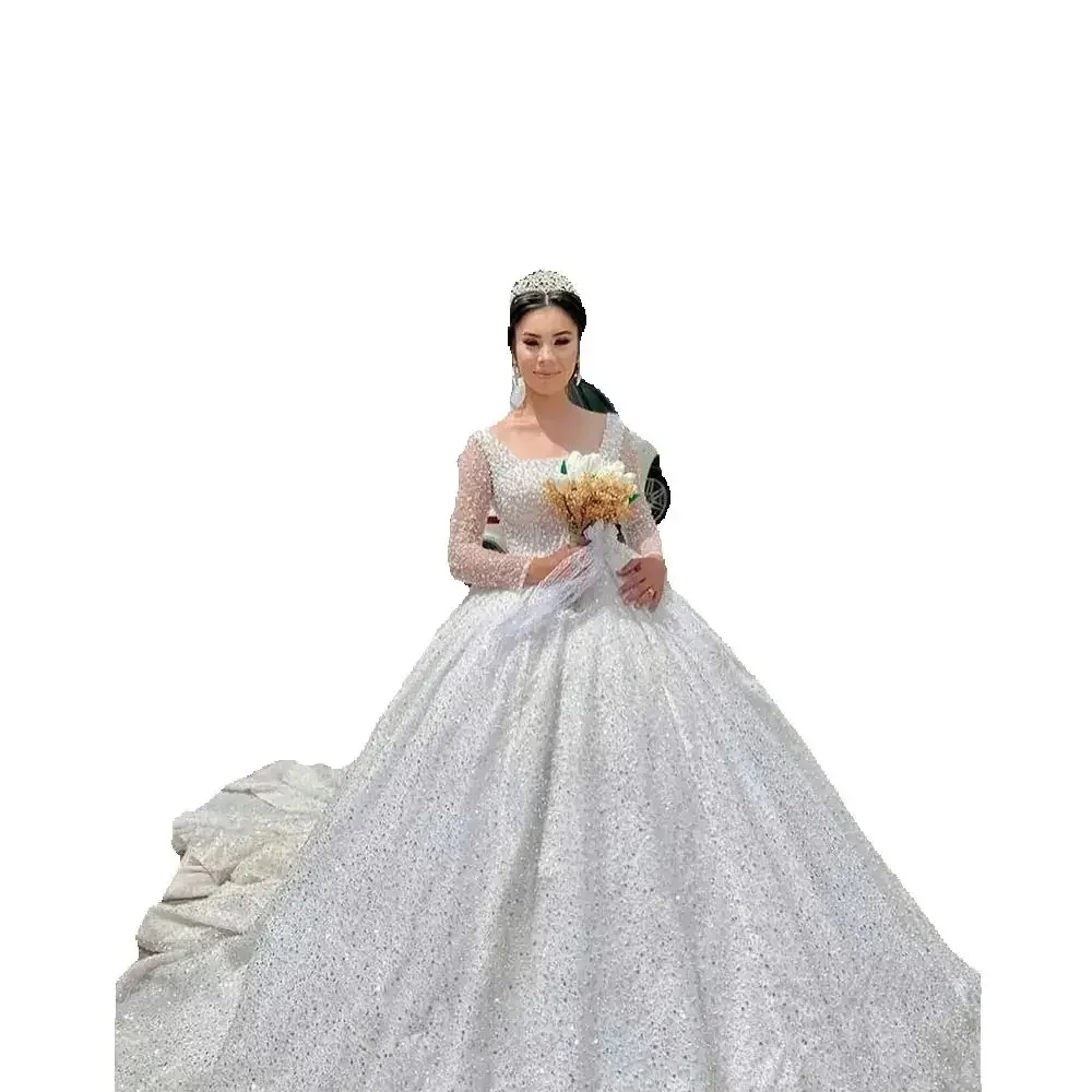 Customized Square Neck Sparkly Pearls Beads Ballgown Wedding Dress For Bride Robe De Mariée Long Sleeves Arabic  Bridal Gown
