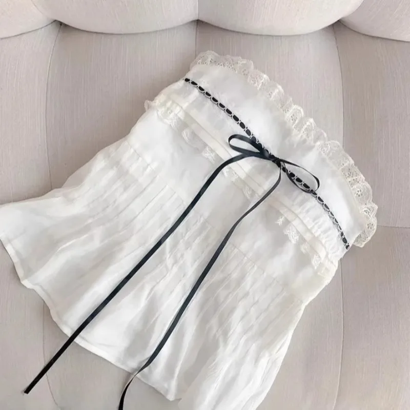 한국 시크 레이스 패치워크 캐미솔 여성 여름 스윗 보우 얇은 밴도 탑 여성 Y2k 오프숄더 캐주얼 의류 2025 신상