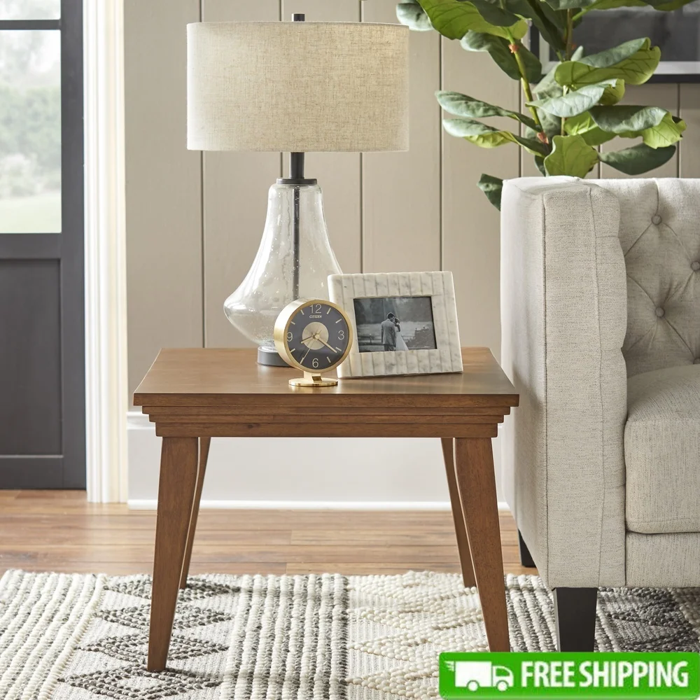 

Mid-Century Modern Solid Wood Square End Table with Multi-Tiered Design Angled Legs Indoor Use Walnut Finish Easy Assembly