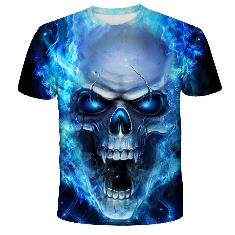 Summer Fashion New Red Flame Perspective Skull Full Print Short Sleeve Loose Dark Wind Speed Dry Men's T-shirt view 3