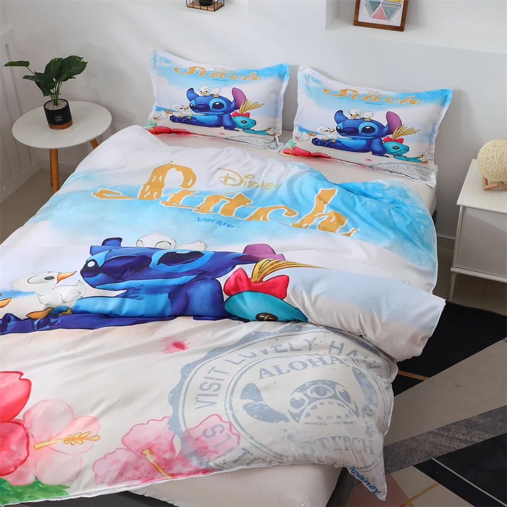 Disney Little Monster Stitch Duvet Cover Cartoon Pillowcase Bedspread Full Size Bedclothes Children's Kids Boys Bedroom Bed Set