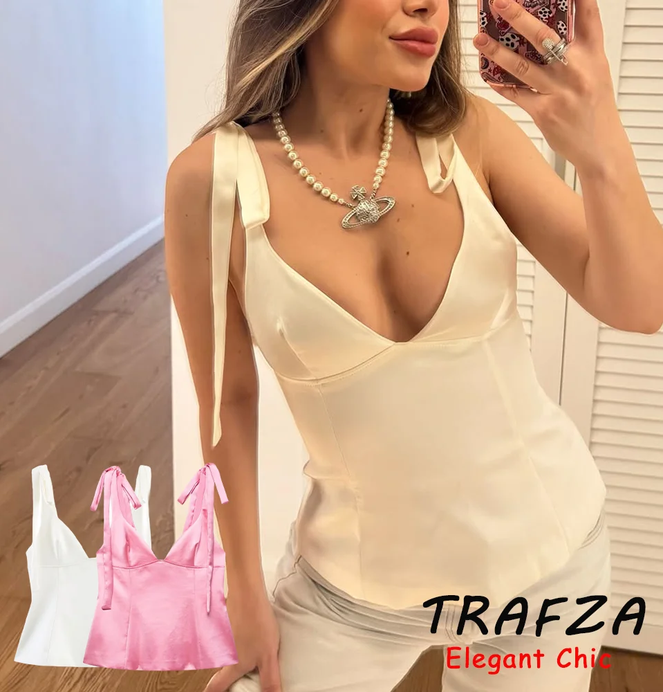 

TRAFZA Women Sexy Sweet Satin Cami Bow V-Neck Backless Halter Top New 2025 Summer Fashion Holiday Beach Party Slim Mujer Tops