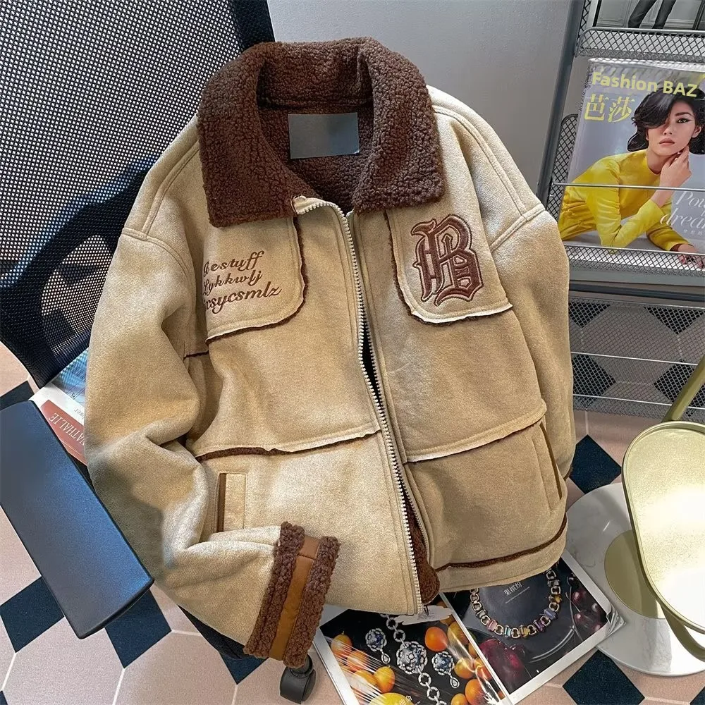 

Retro American Suede Jaet Men Women Autumn Winter Fur Cotton Blend eepskin Leather Vest ex Casual Outerwear Coat