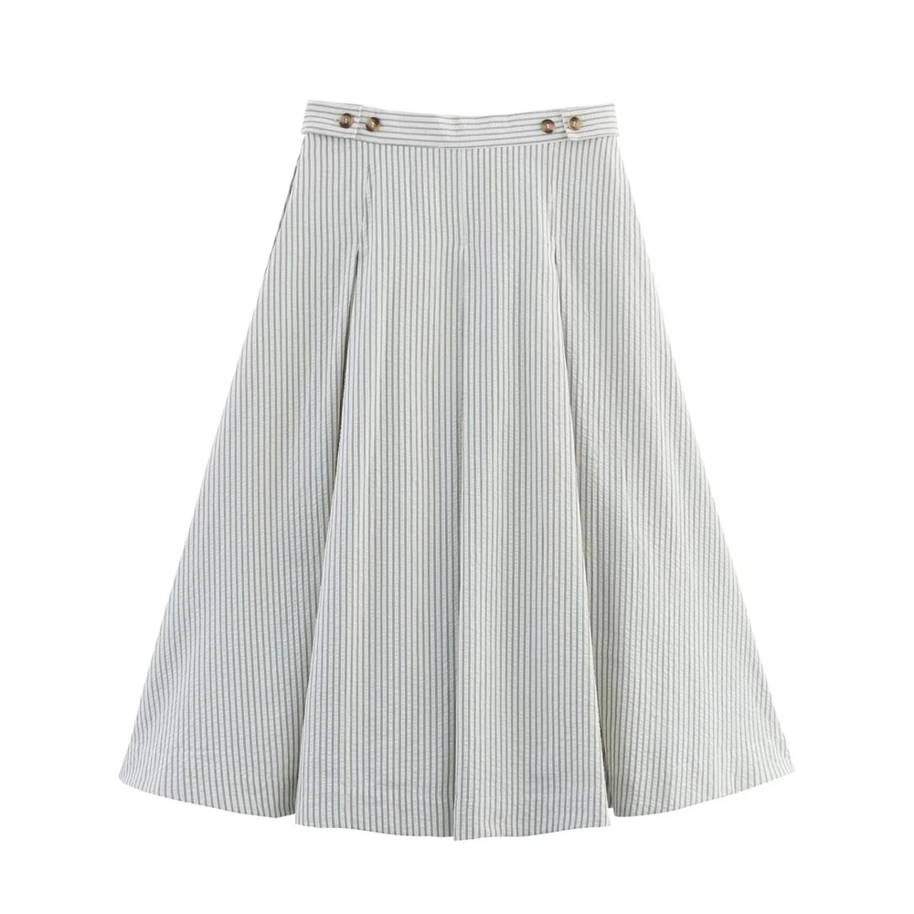 

BMURHMZA women's summer new standard version button decoration striped A-line mid length high waist slim fit skirt