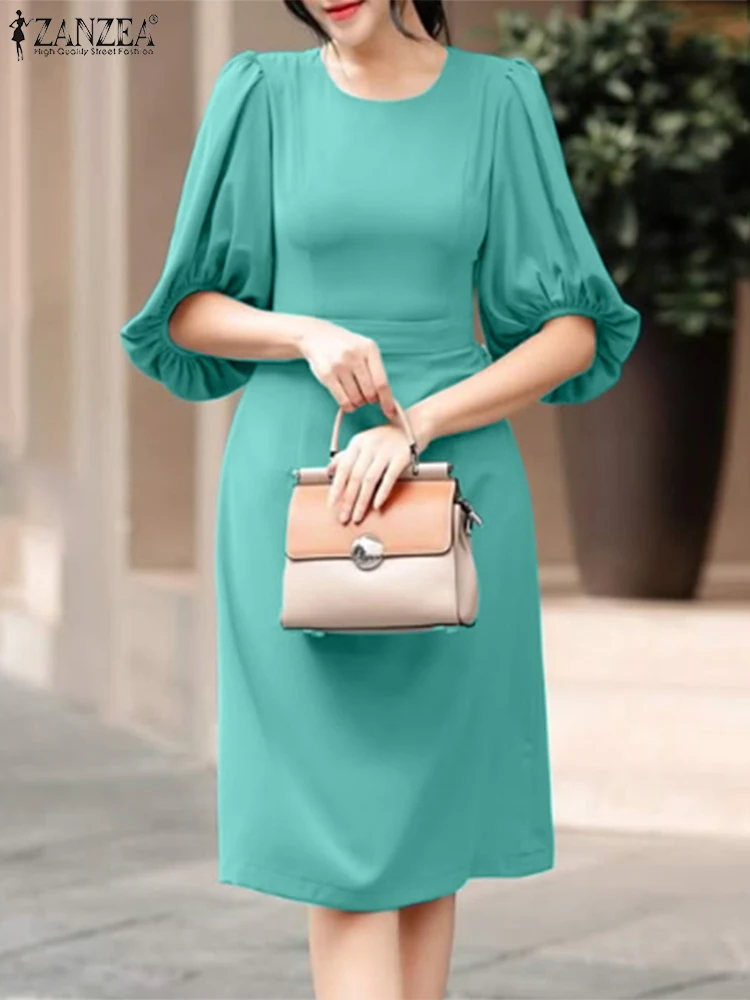 

ZANZEA Autumn Elegant Work Dress Fashion Half Lantern Sleeve Sundress Solid Color Midi Vestidos A-Line O-Neck Casual Robe