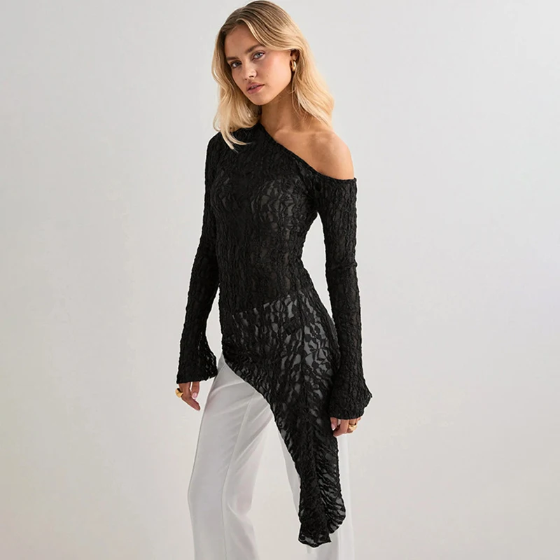 

Tornova Off-shoulder Lace Irregular T shirt Top Women's See-through Long Sleeve Pullovers Autumn New Fashion Lady Commuting Top