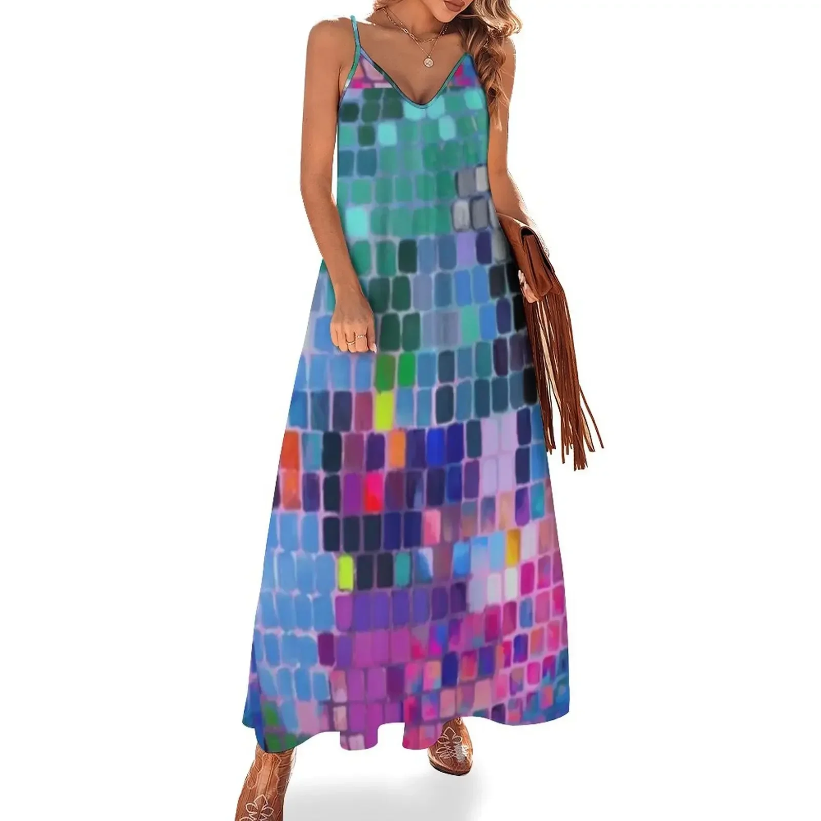 

Disco ball rainbow disco fever boogie dance retro 70s club disco party checkered colorful vintage glass squares Sleeveless Dress