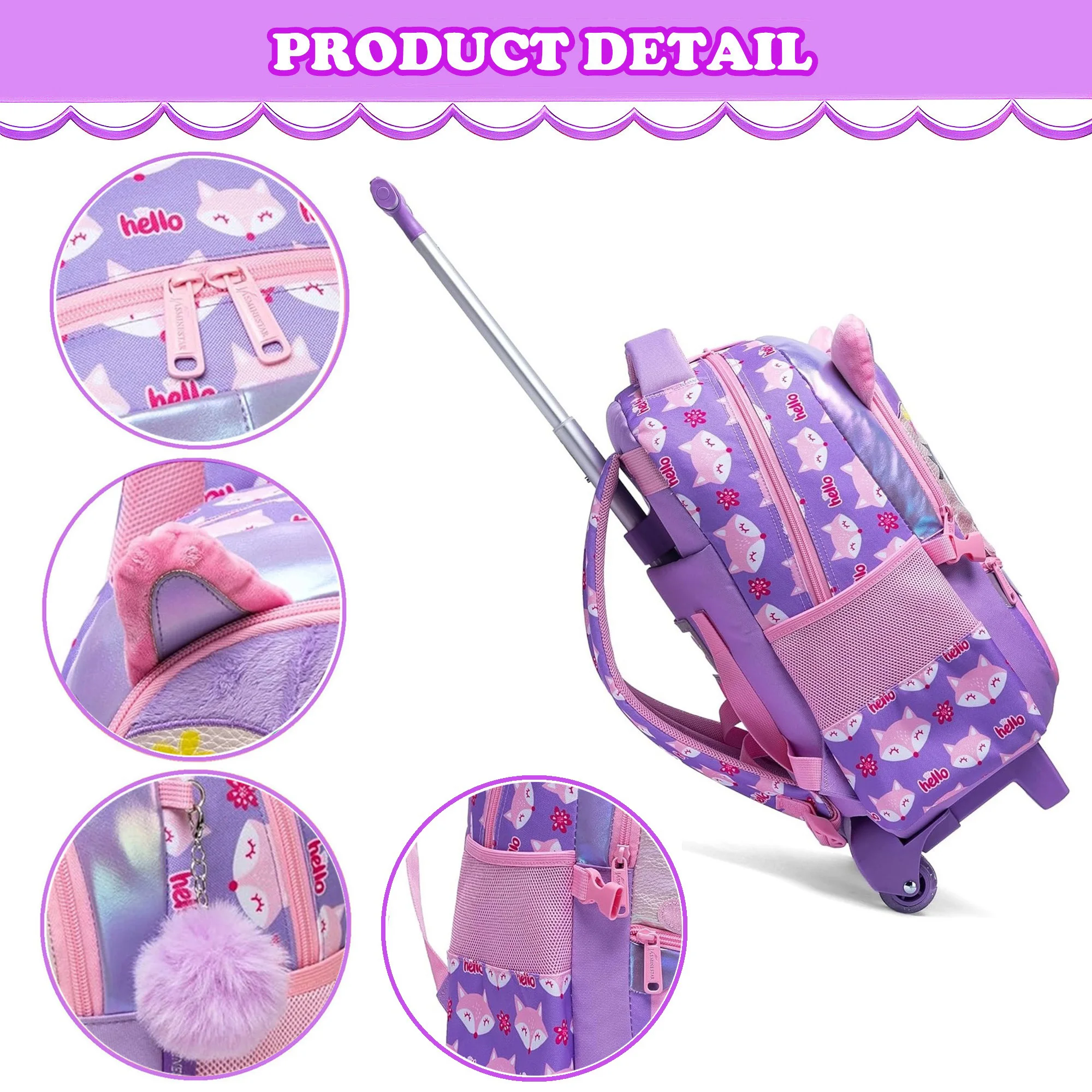 Kids Rolling Backpack with Wheels Cute School Bookbag for Elementary Students Travel Luggage for Girls Ages 6-12 Lightweight Carry on Trolley Bag with Lunch Bag and Pencil Case view 3