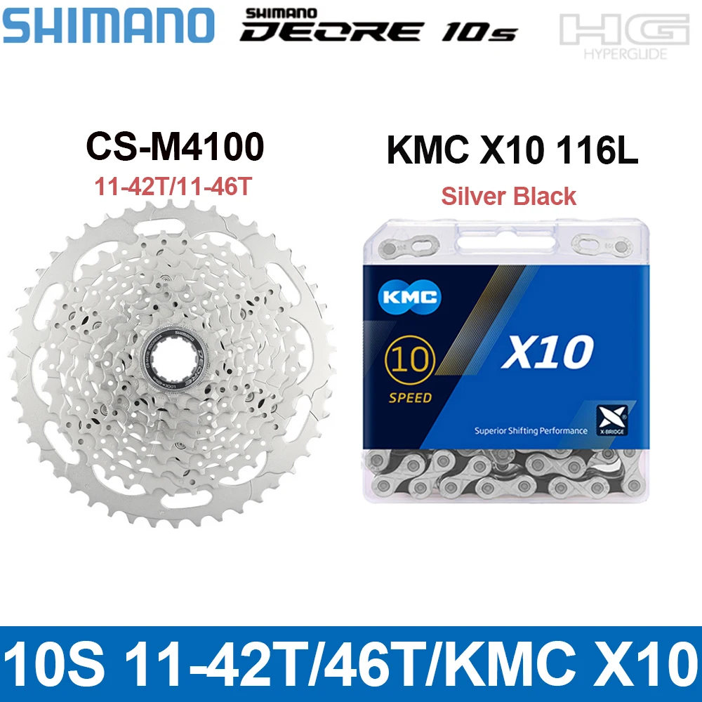 SHIMANO Deore M4100 10S Bike Cassette K7 11-42T46T Mountain Bike Flywheel and KMC X10 116L Chain 10V MTB Bicycle Accessories